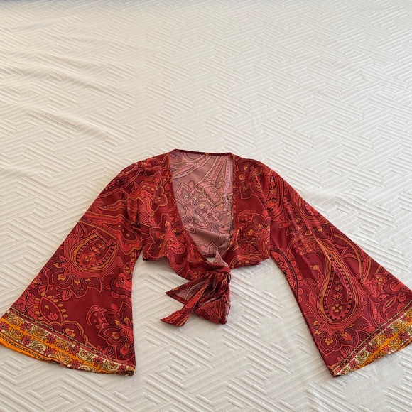 Bohemian Red Paisley Tie-Front Top - Picture 2 of 4